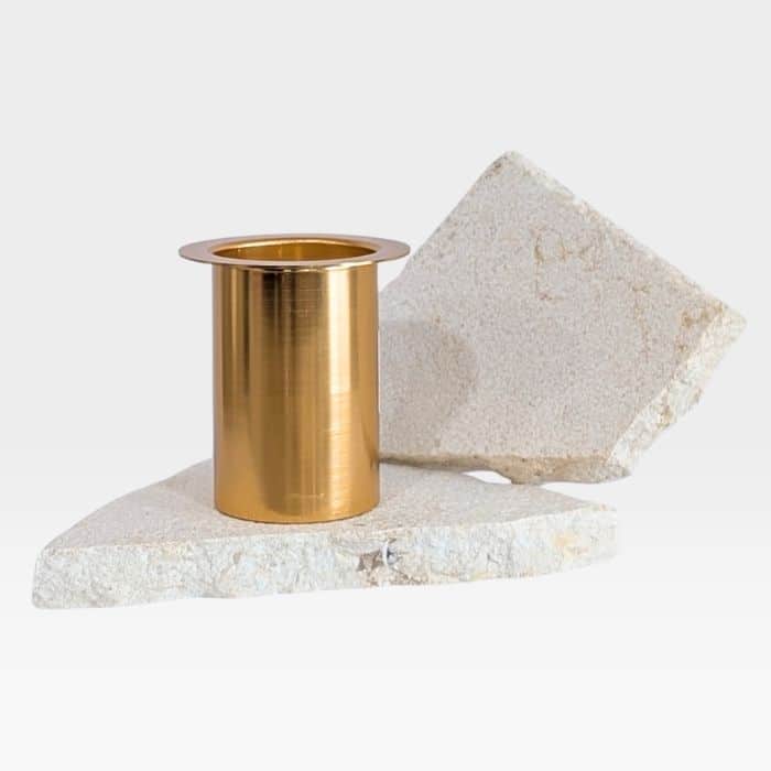 Gold metal candle insert for refillable stone candle holders with brushed metallic finish
