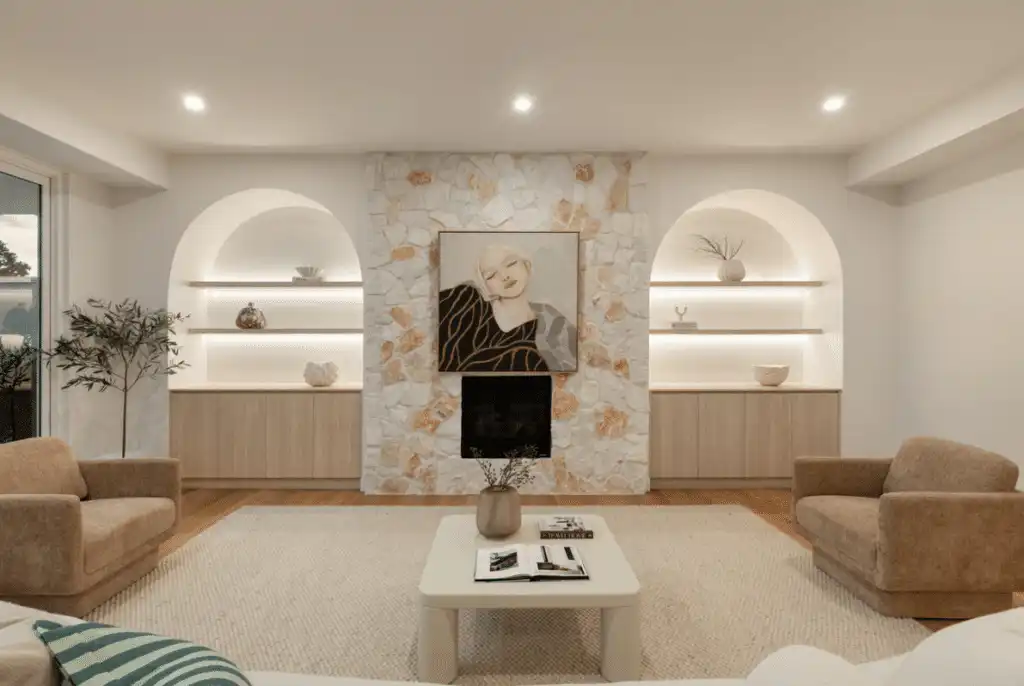 Casuarina wall cladding featured on a contemporary fireplace surround in a warm neutral living room