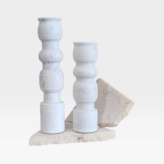 Roma Arctic White marble candle holders in small and medium sizes, sculptural natural stone design
