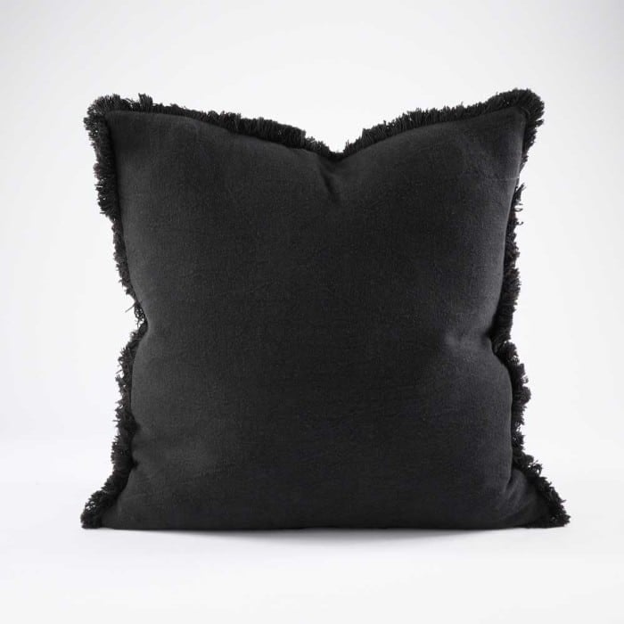 Luca boho black linen cushion with fringe