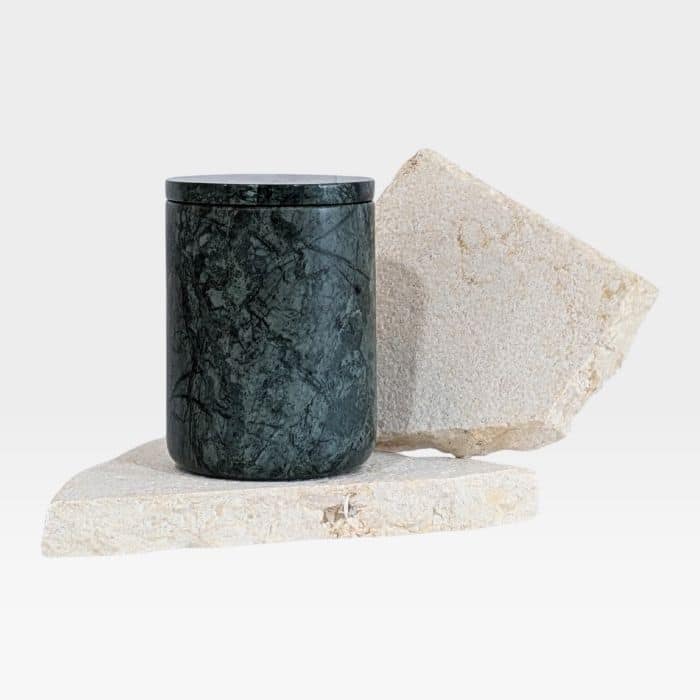 Verde Honduras marble candle holder with refillable insert, deep green natural stone with organic veining