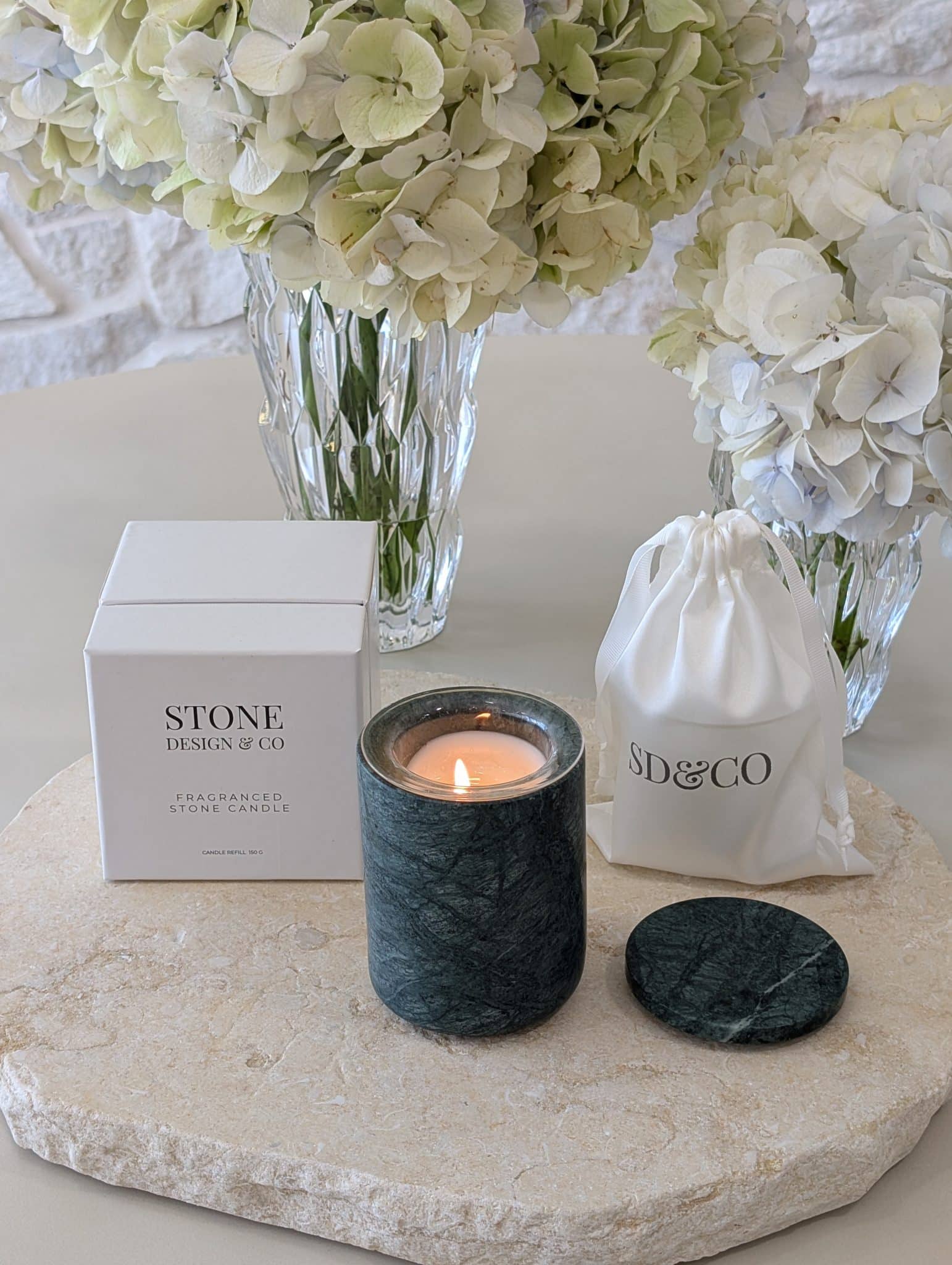 Verde Honduras marble candle with refillable insert, hand poured soy and coconut wax, styled with Stone Design & Co packaging