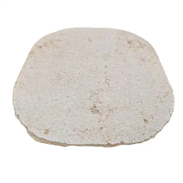 Light cream organic limestone stepper in Crema Novelda with sandblasted and tumbled finish for natural outdoor garden pathways and pool surrounds.