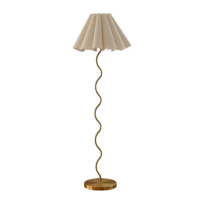 wavy brassy gold floor lamp with linen shade