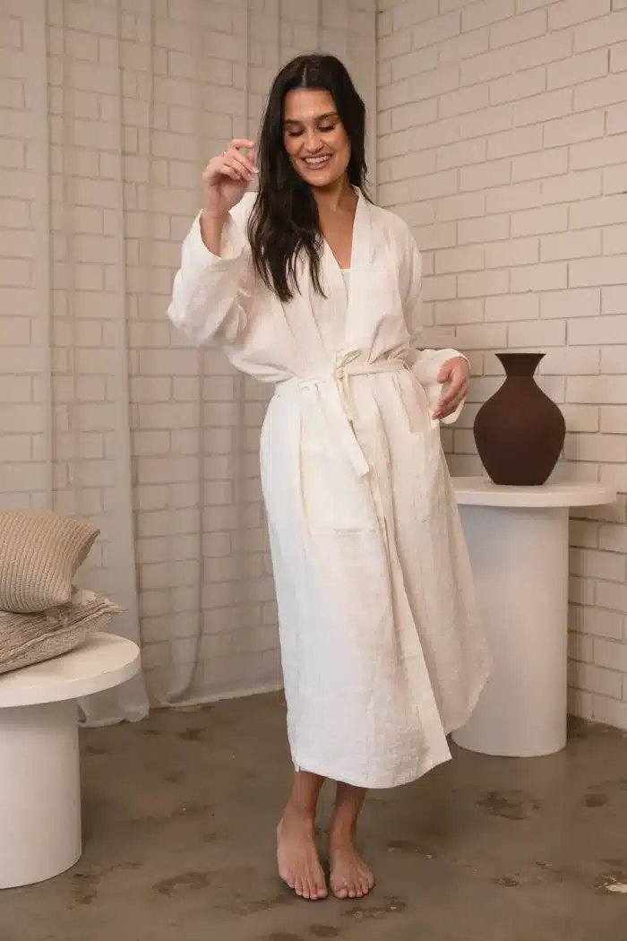 Our reimagined & much loved loungewear is streamlined & modernised. Our new Fundamental Linen Robe can be worn as the most stylish house gown, or left open as a beautiful linen robe. It is crafted from the softest European linen that keeps you cool in summer and warm in winter.