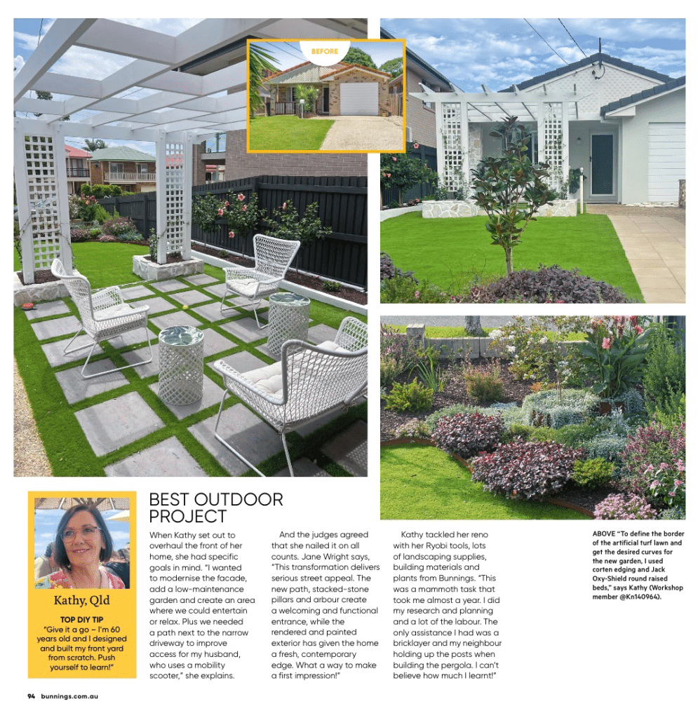 Modern home exterior highlighting the award-winning design. Nimbin Quartz cladding and contemporary garden styling create a cohesive, standout street presence.
