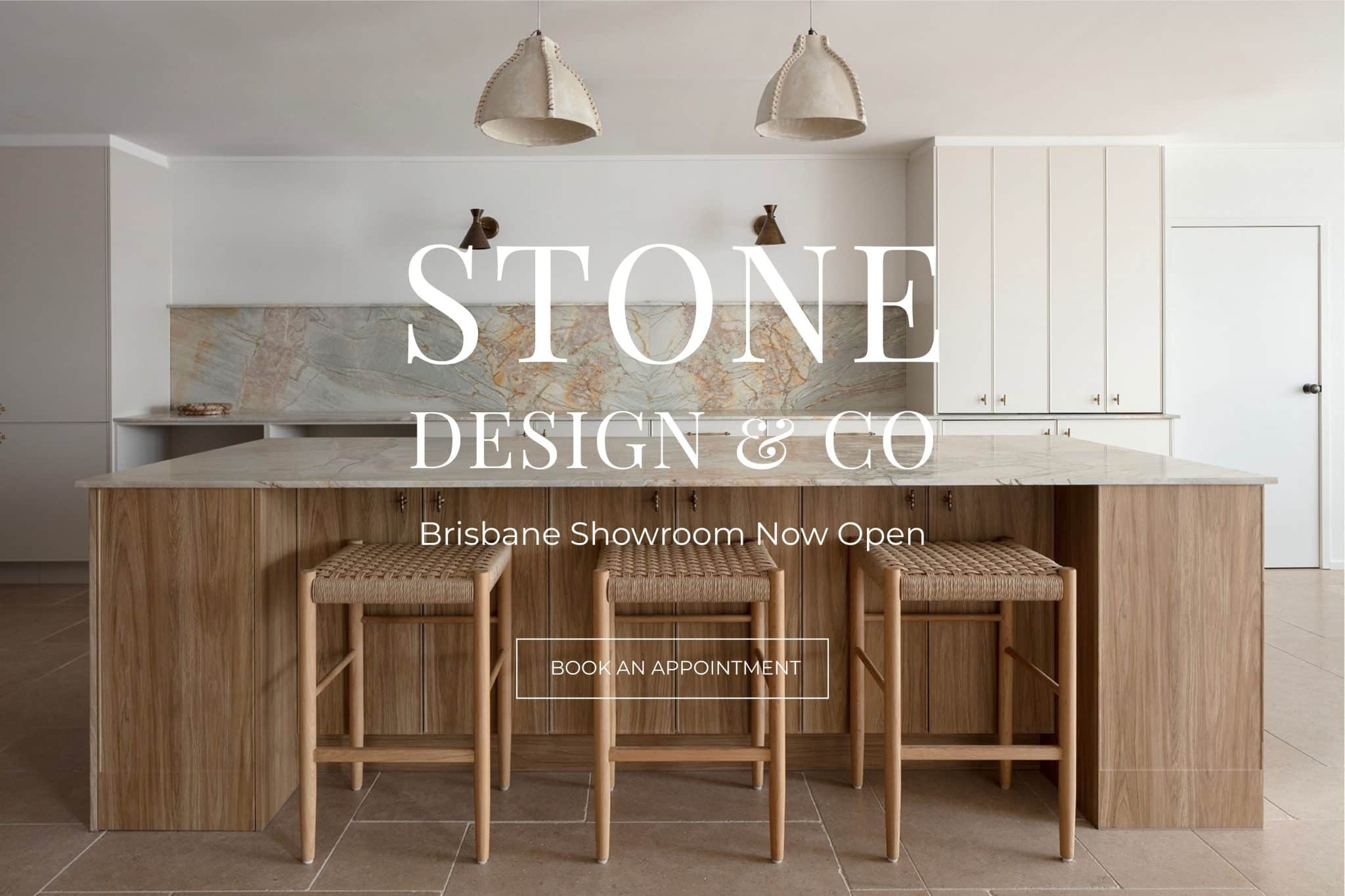 Elegant photograph of brisbane showroom showcasing natural stone. SD&CO logo with book appointment button