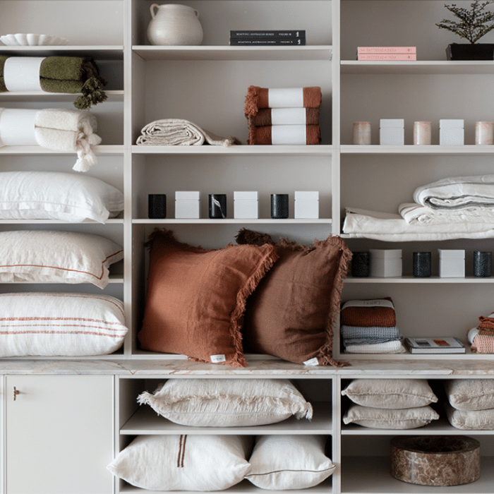 Stone Design & Co showroom shelves styled with natural linen cushions, throws, stone candles, and homewares in earthy tones – minimalist interior styling with sustainable materials
