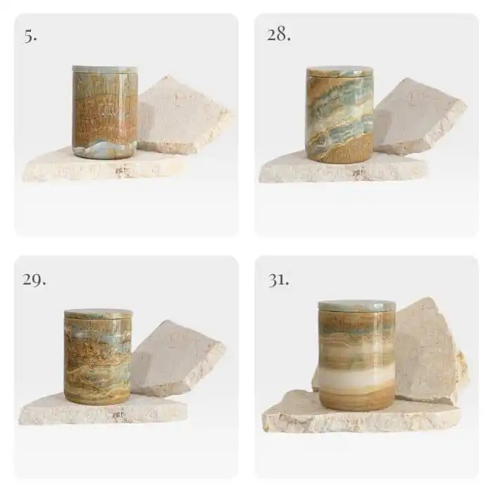 Distinct blue onyx horizontal banding highlights the natural structure of blue onyx. Natural stone candle holder with scented wax, one-of-a-kind luxury candle Brisbane