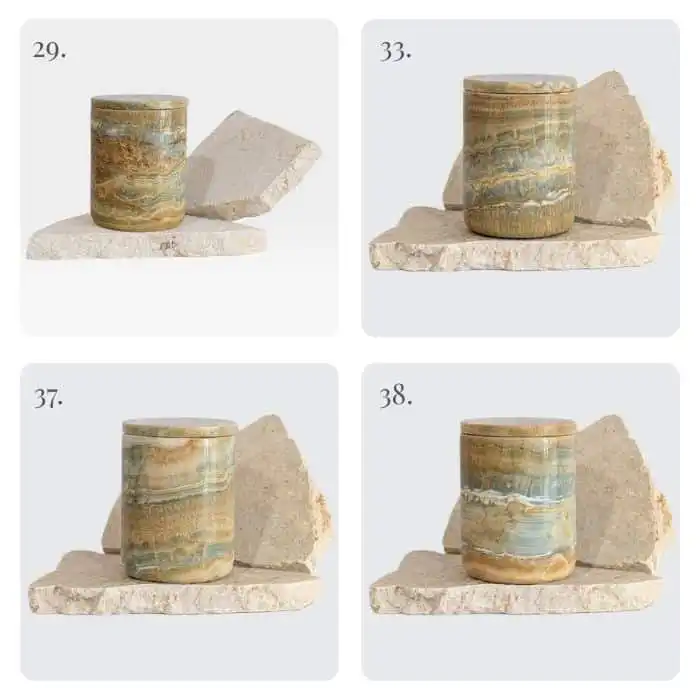 Distinct blue onyx horizontal banding highlights the natural structure of blue onyx. Natural stone candle holder with scented wax, one-of-a-kind luxury candle Brisbane