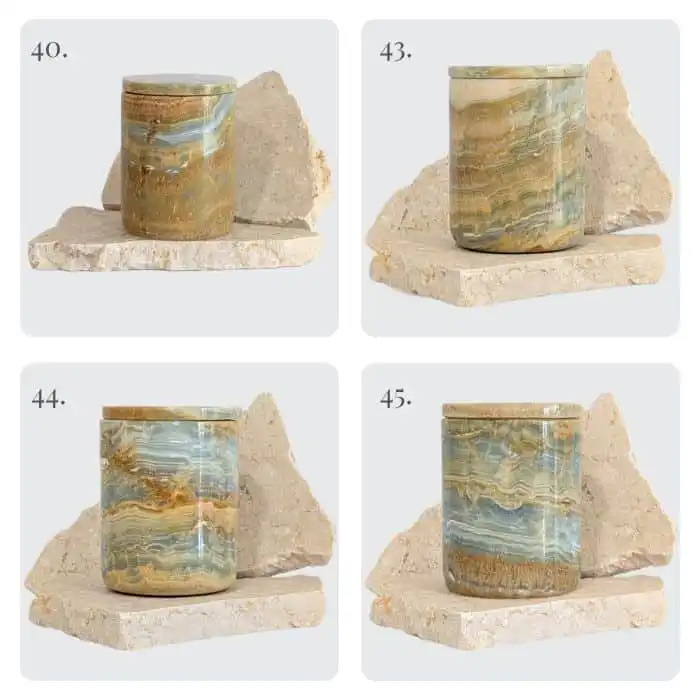 Distinct blue onyx horizontal banding highlights the natural structure of blue onyx. Natural stone candle holder with scented wax, one-of-a-kind luxury candle Brisbane