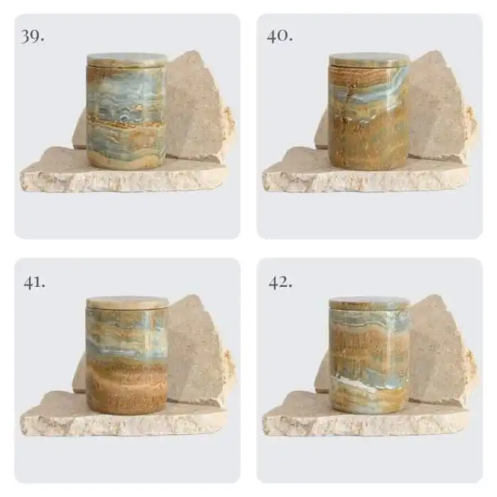 Blue onyx natural stone candle with unique veining, refillable candle holder with premium scented wax, handmade luxury candle Australia