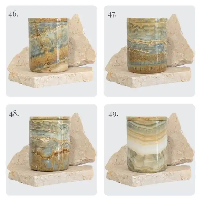 Blue onyx natural stone candle with unique veining, refillable candle holder with premium scented wax, handmade luxury candle Australia