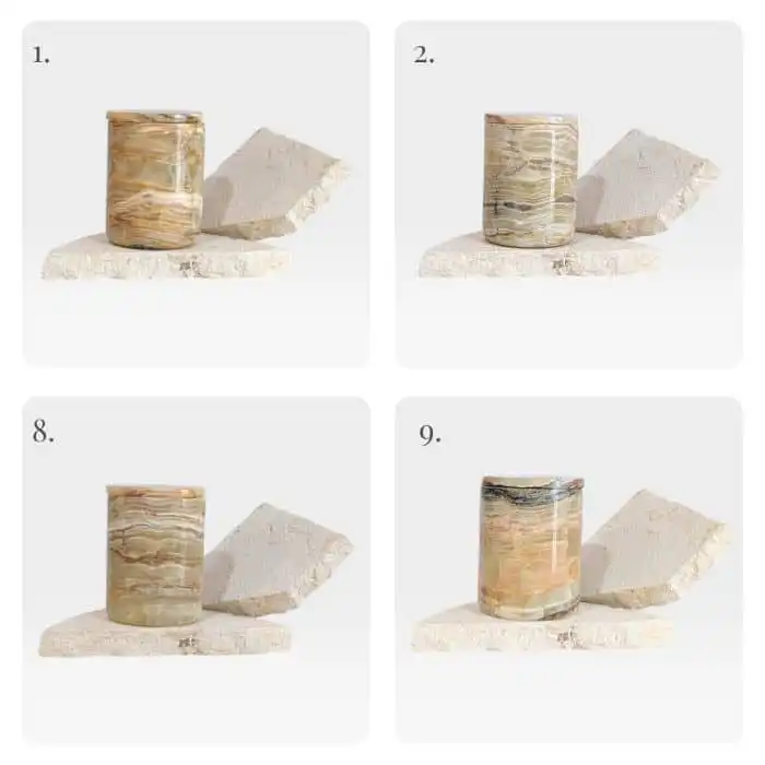Natural onyx stone candle vessels showing variation in veining, tone and translucency