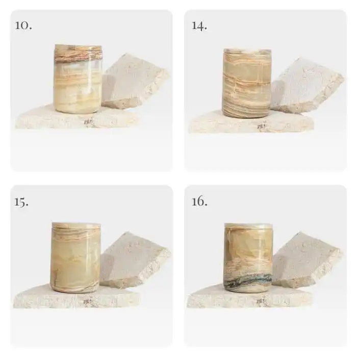 Natural onyx stone candle vessels showing variation in veining, tone and translucency