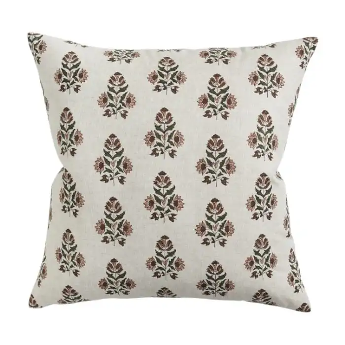 Walter G Ankara linen cushion in Rosewood 50x50cm hand block printed floral Mughal motif with feather insert