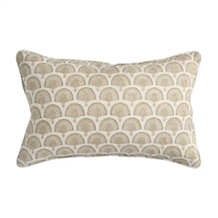 Walter G Nori linen cushion in Elm with large scale kimono fan motif hand block printed with feather insert