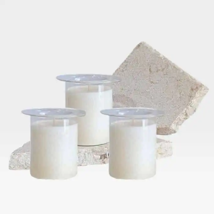 Glass candle insert designed for refillable stone candle holders, clear glass vessel with soy and coconut wax.