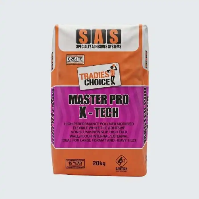 Tradies Choice Master Pro X-Tech polymer modified tile adhesive suitable for porcelain ceramic and vitrified tiles for internal and external applications