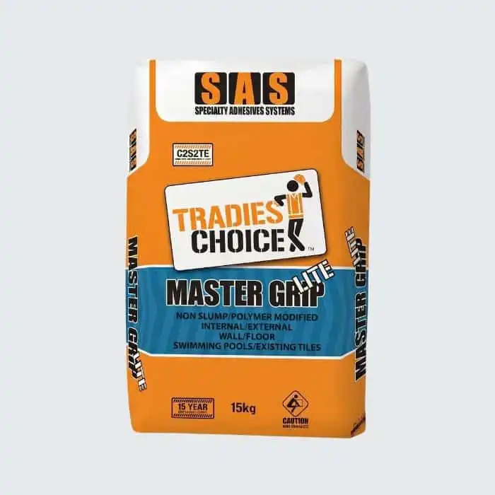 SAS C2S2T Master Grip Lite polymer modified tile adhesive suitable for porcelain ceramic and vitrified tiles on internal and external applications including swimming pools and tiled surfaces