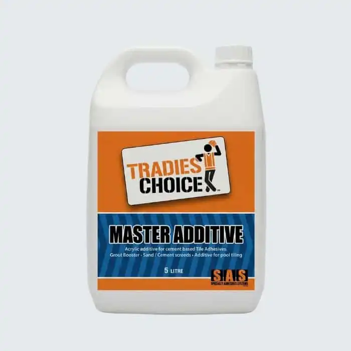 Tradies Choice Master Additive concentrated white acrylic additive for cement based tile adhesives grouts and screeds used in swimming pools natural stone and porcelain tile installations