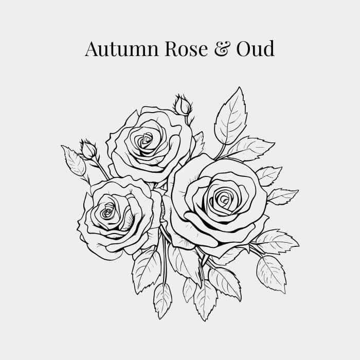 Autumn Rose and Oud fragrance card featuring notes of orange, raspberry blossom, rose, jasmine and oud