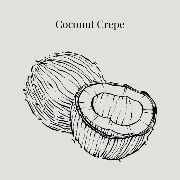 Coconut Crepe fragrance card featuring notes of crepe accord, coconut, vanilla and butter