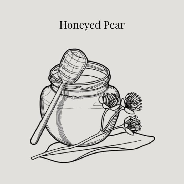 Honeyed Pear fragrance card featuring notes of Bosc pear, apple, pear blossom and honey