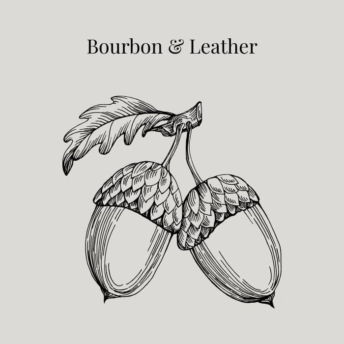 Bourbon and Leather fragrance card featuring notes of oak-aged bourbon, leather, nutmeg and vetiver