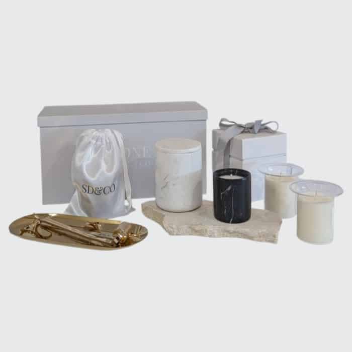 SD&CO Arctic White Christmas candle gift set with white marble vessel, glass refills and care kit