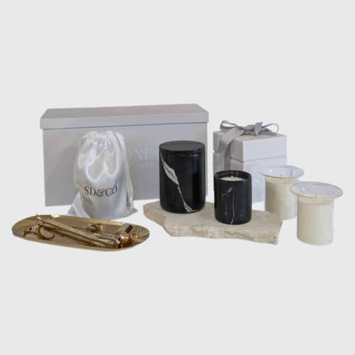 SD&CO Black Marquina Christmas candle gift set with black marble vessel, glass refills and care kit