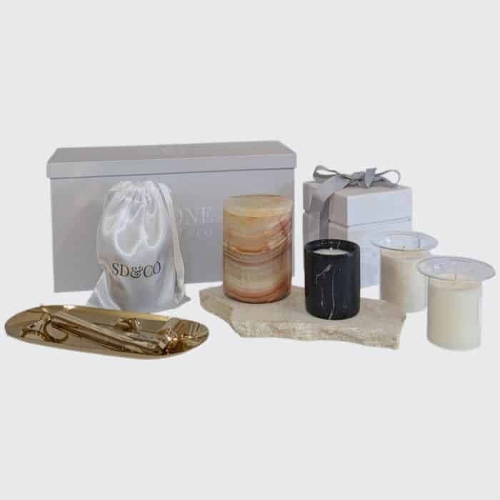 SD&CO Desert Rose Onyx Christmas candle gift set with peach onyx vessel, glass refills and care kit