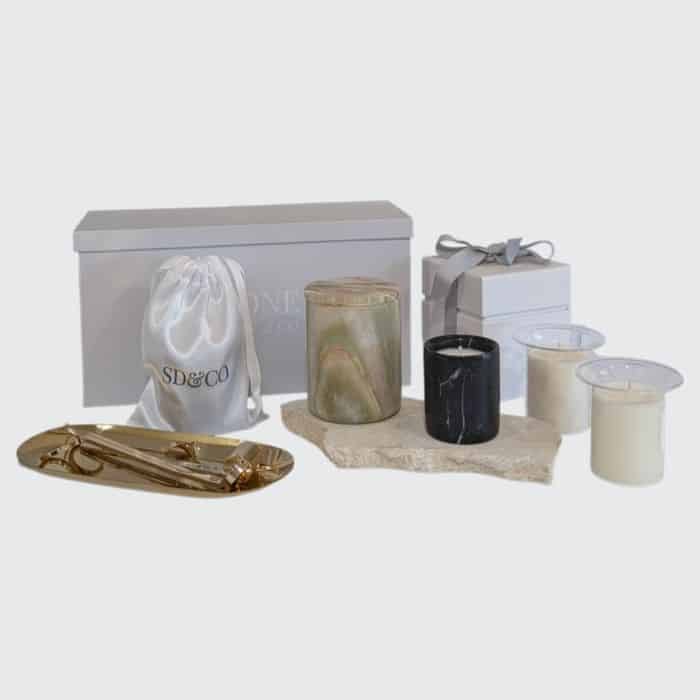SD&CO Green Onyx Christmas candle gift set with sage onyx vessel, glass refills and care kit