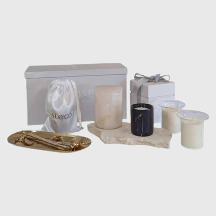 SD&CO Pink Onyx Christmas candle gift set with soft pink onyx vessel, glass refills and care kit